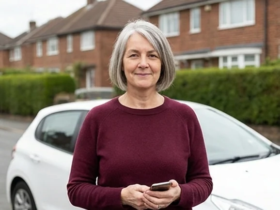 Clare Doyle from bookings, beside the learner car