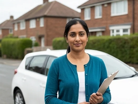 Anita Desai, Grade A instructor, beside the learner car