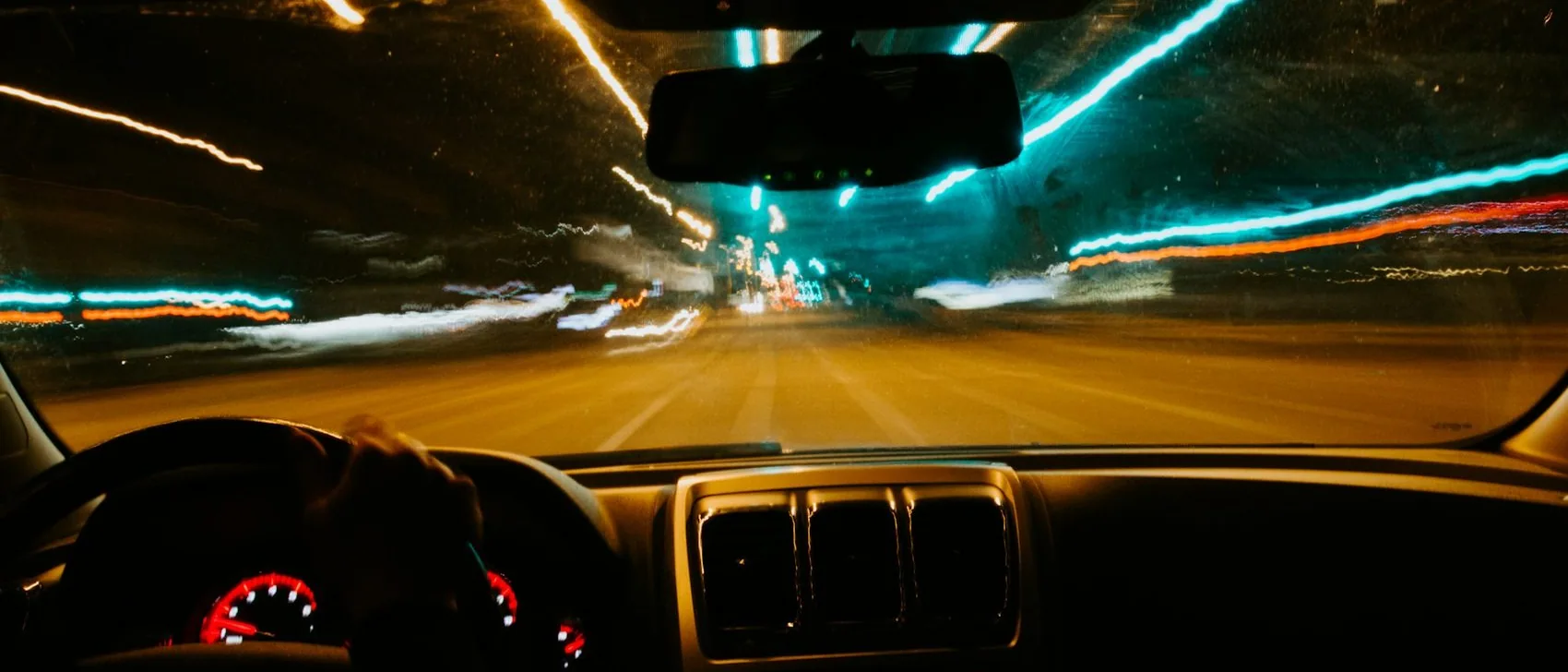 night driving, light trails ahead