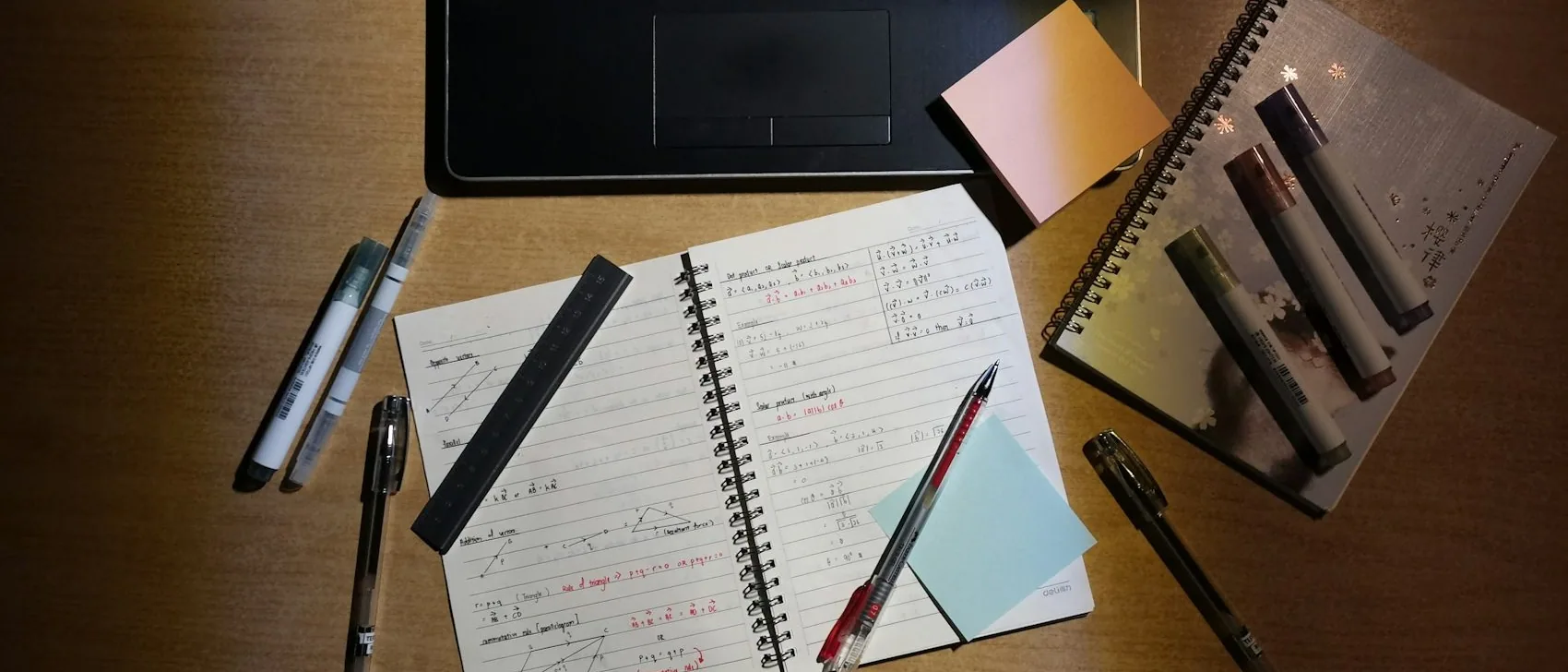 a desk with notes and a laptop