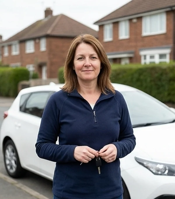 Sarah Whitfield, Grade A instructor, beside the learner car