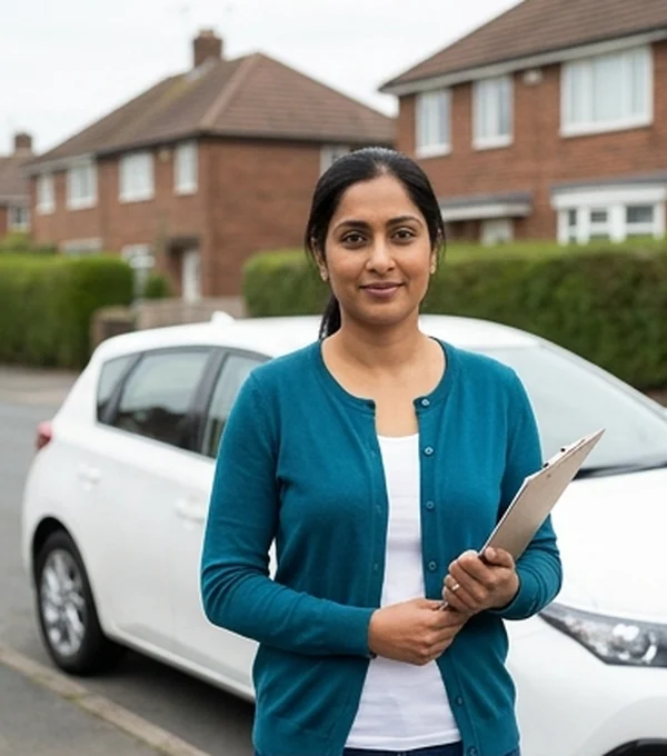 Anita Desai, Grade A instructor, beside the learner car